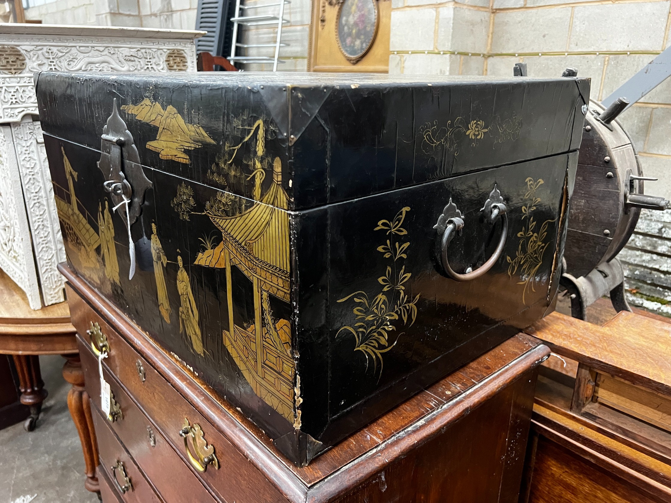 A 19th century Chinese lacquered trunk, width 78cm depth 56cm height 39cm